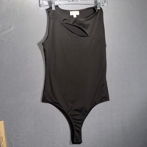 London Rose Medium Black Cutout Sleeveless Bodysuit Goth Edgy Minimalist Top